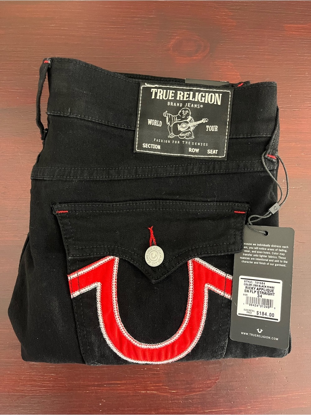 True Religion Ricky Applique SN Flap Straight “2SB Black Rinse” 34x30 #701564